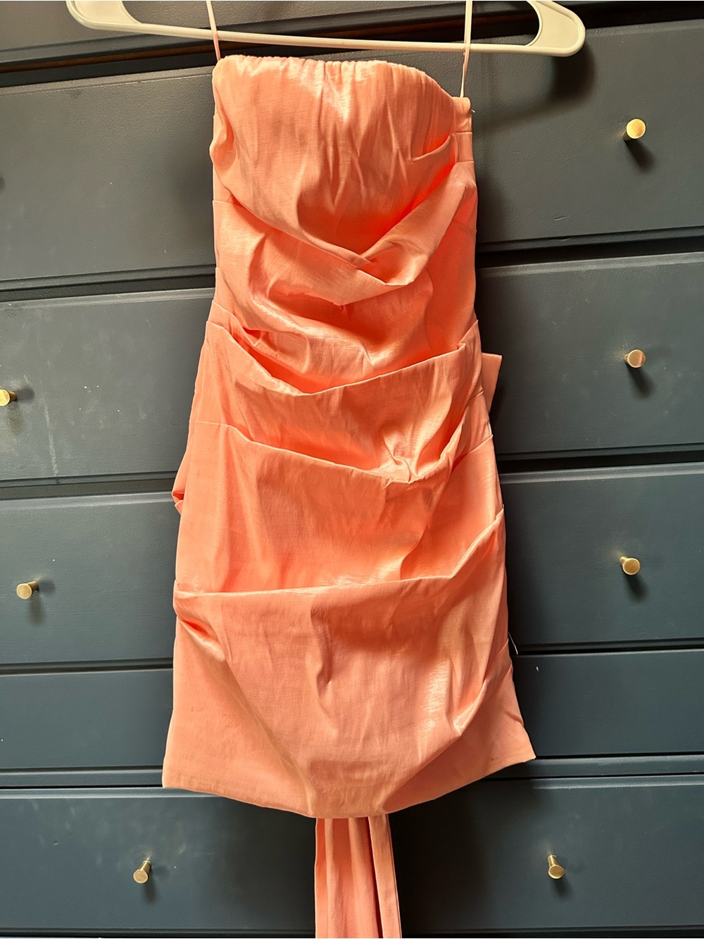 Strapless Coral Mini Dress with Bow and Train Detail